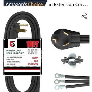 Dryer /Oven/ Heavy Duty App. Replacement Power Cord Plug Old Style 3 prong 10 FT